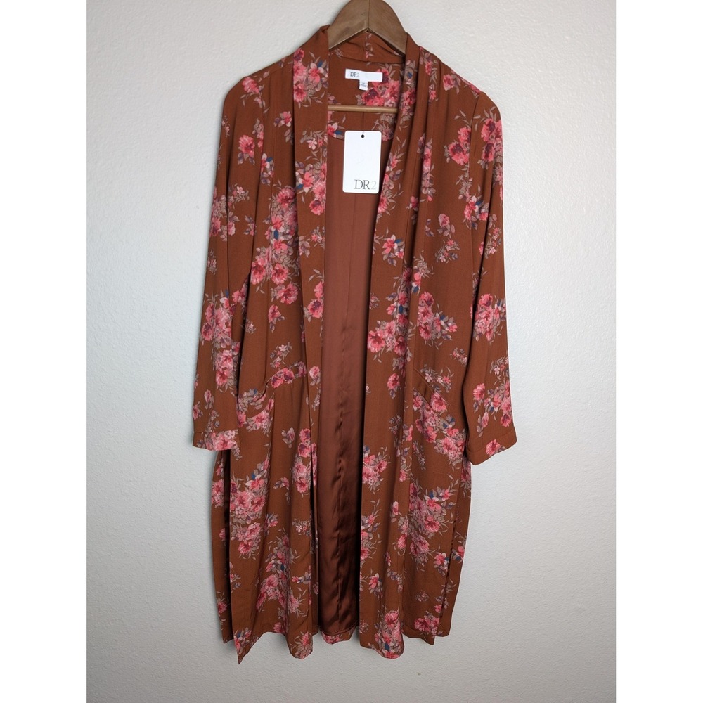 DR2 Coatigan Womens XS Brown Floral Crepe Kimono Lined Pockets Mid-Length